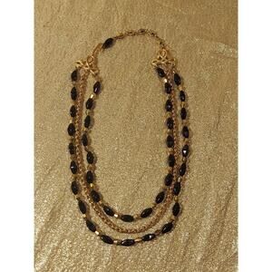 Vintage Trifari 3 Strand Black Faux Stone & Goldtone Beads Necklace Costume